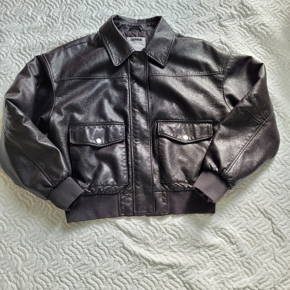 garage chocolate brown leather cropped bomber jacket faux leather size small